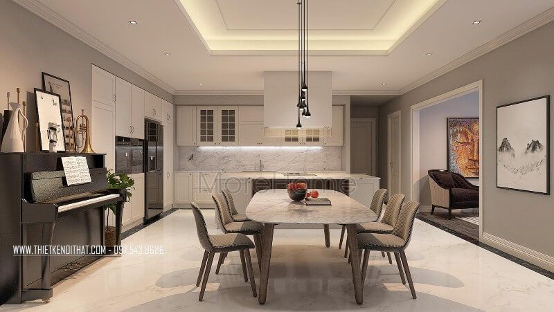 Thiết kế nội thất phòng ăn chung cư với phong cách hiện đại, thu hút sự quan tâm.